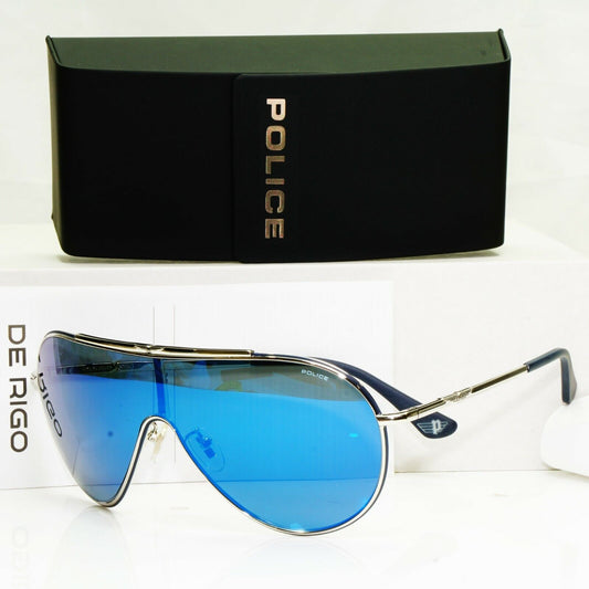Authentic POLICE Mens Sunglasses Designer Blue Mirror Visor Ski SPL 964 F94B