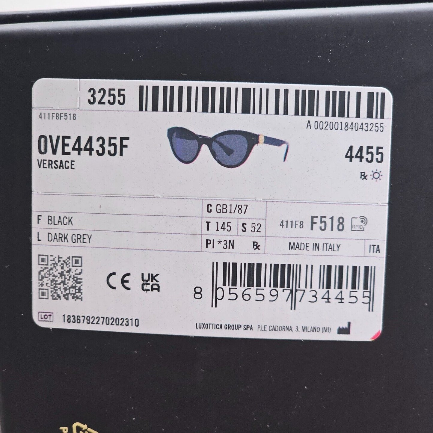 Versace Sunglasses Black Gold Medusa Glossy Cat Eye MOD 4435-F GB1/87 52mm
