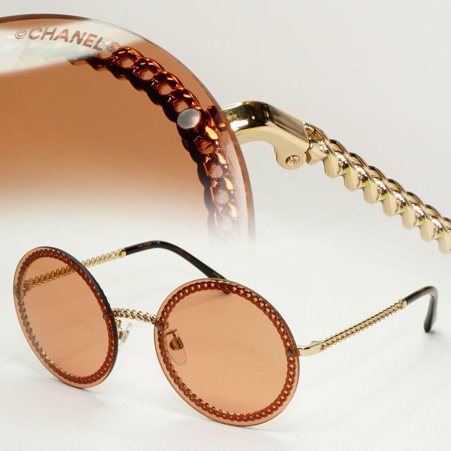 Chanel Sunglasses Chain Round Rimless Metal Gold Brown CH 4245 c.395/3