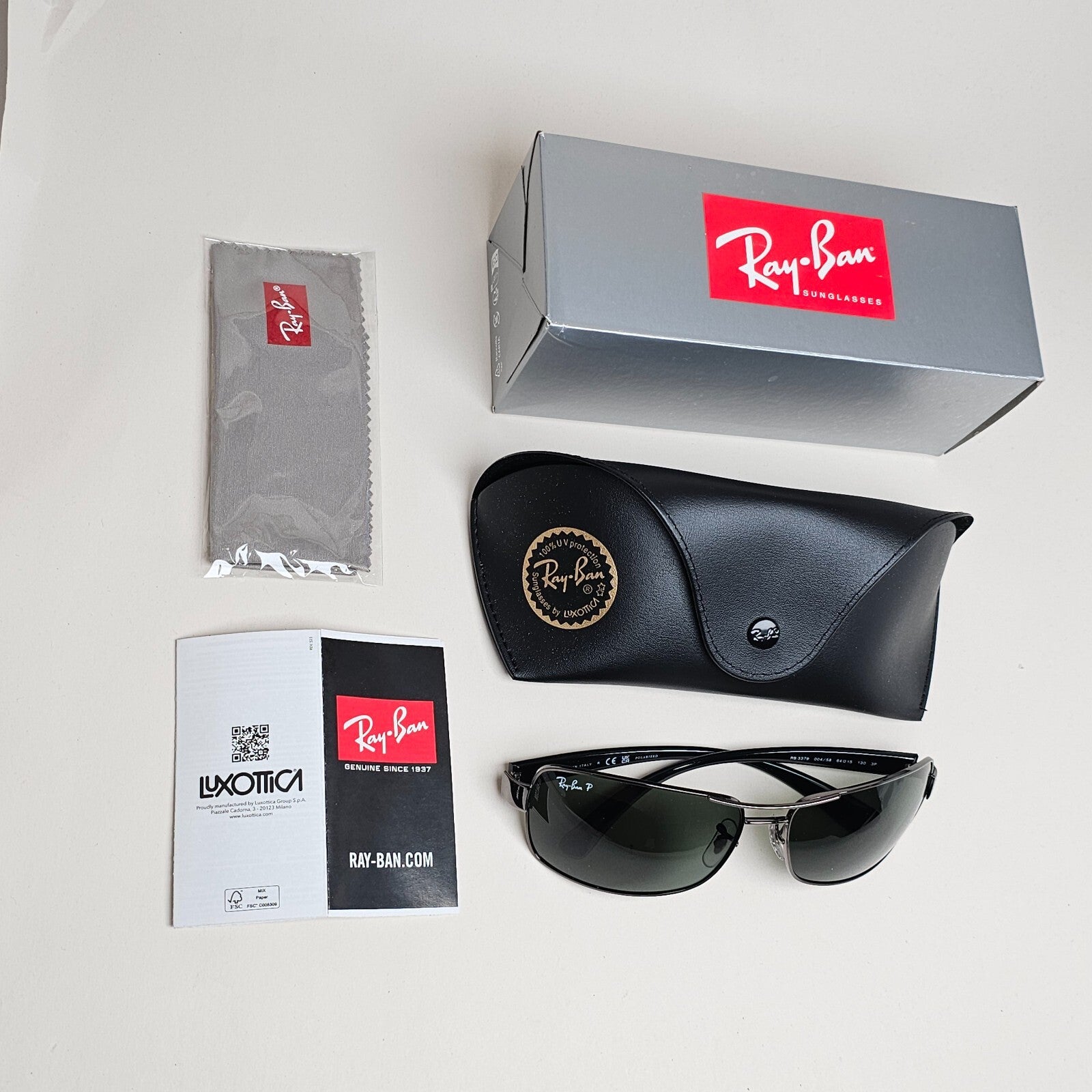 Ray-Ban Sunglasses Polarized Dark Green Gunmetal Wrap Navigator RB 3379 004/58