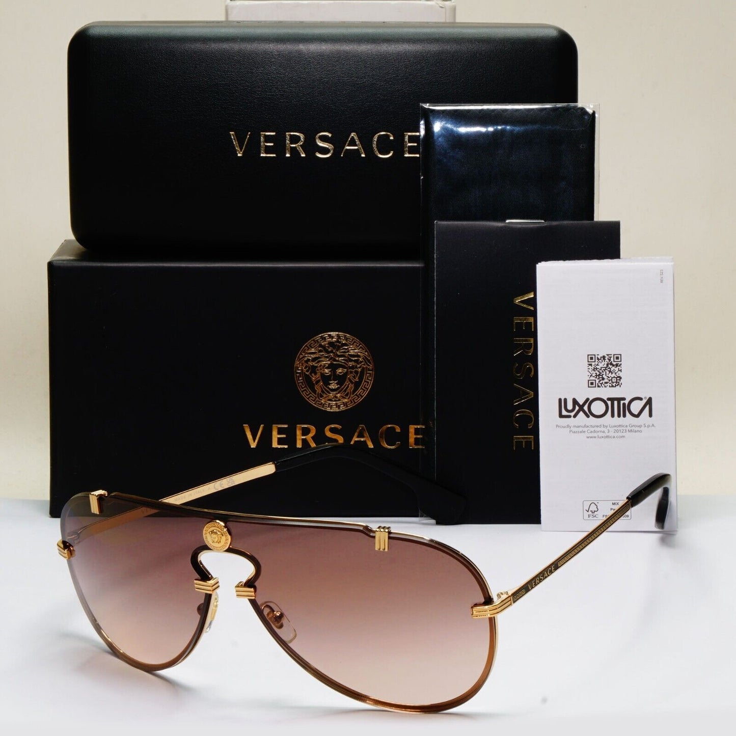 Versace Sunglasses Gold Brown Gradient Medusa Pilot Shield MOD VE 2243 1002/13