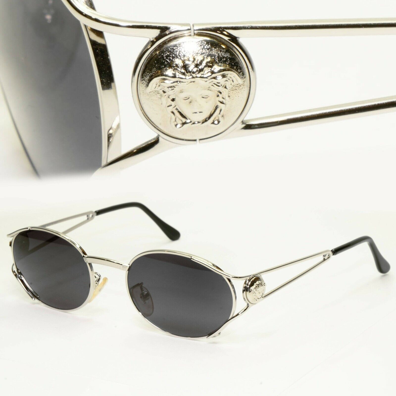 Gianni Versace 1996 Vintage Silver Medusa Oval Metal Sunglasses MOD G98 COL 26M