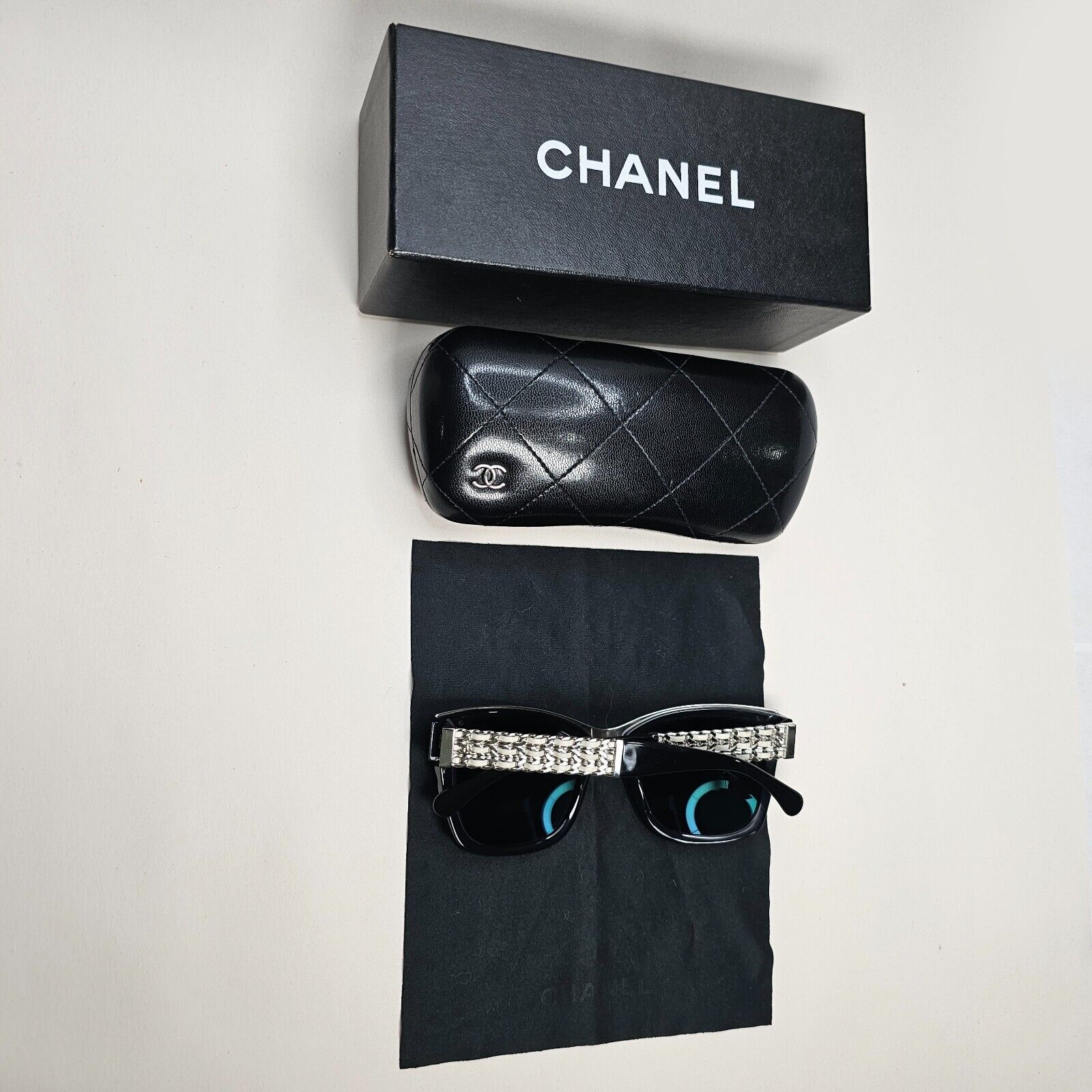 Chanel Sunglasses Black Grey Mirrored Silver Leather Chain 5362-Q c.501/26