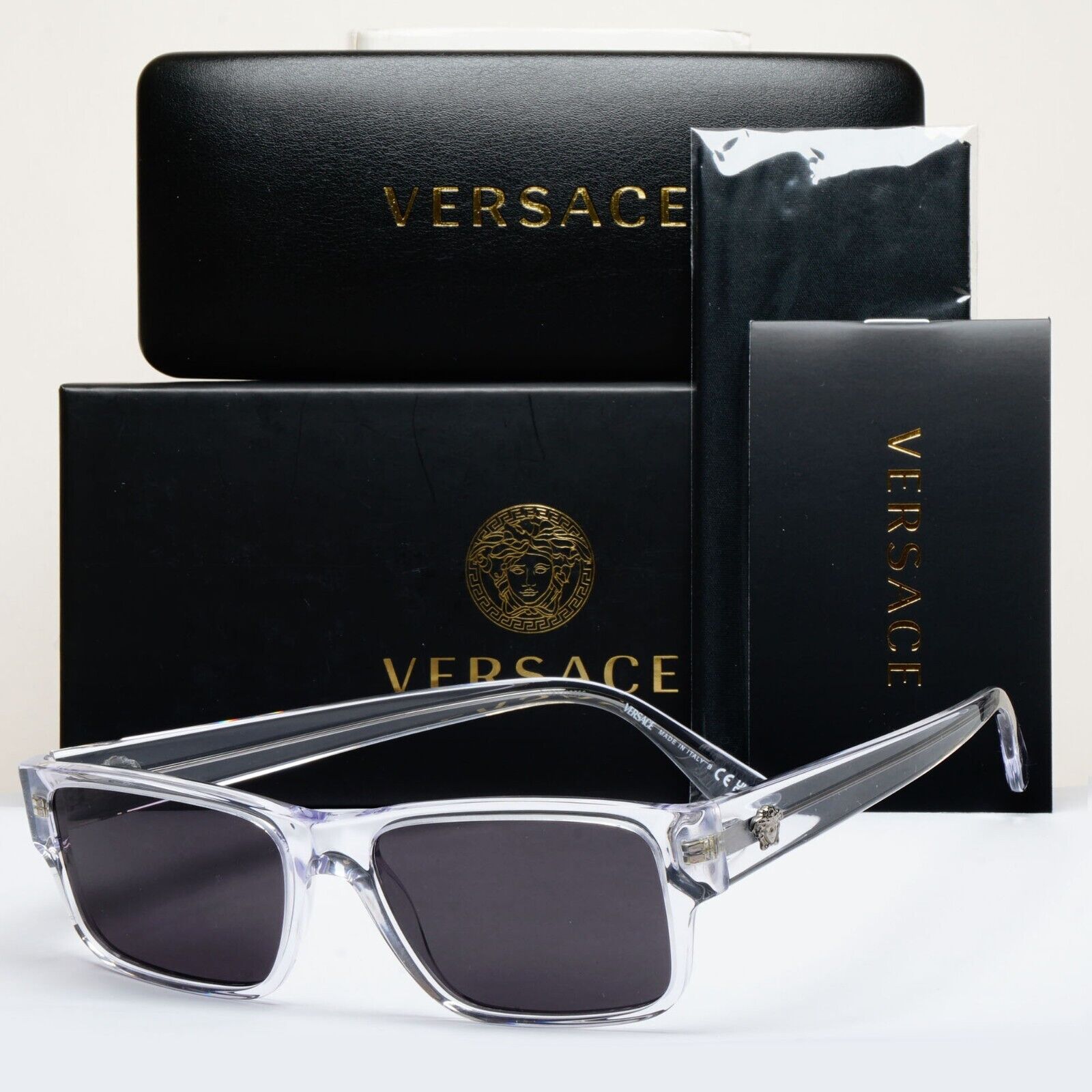 Versace Sunglasses Black Crystal Transparent Medusa Square MOD VE 3342 148 55mm