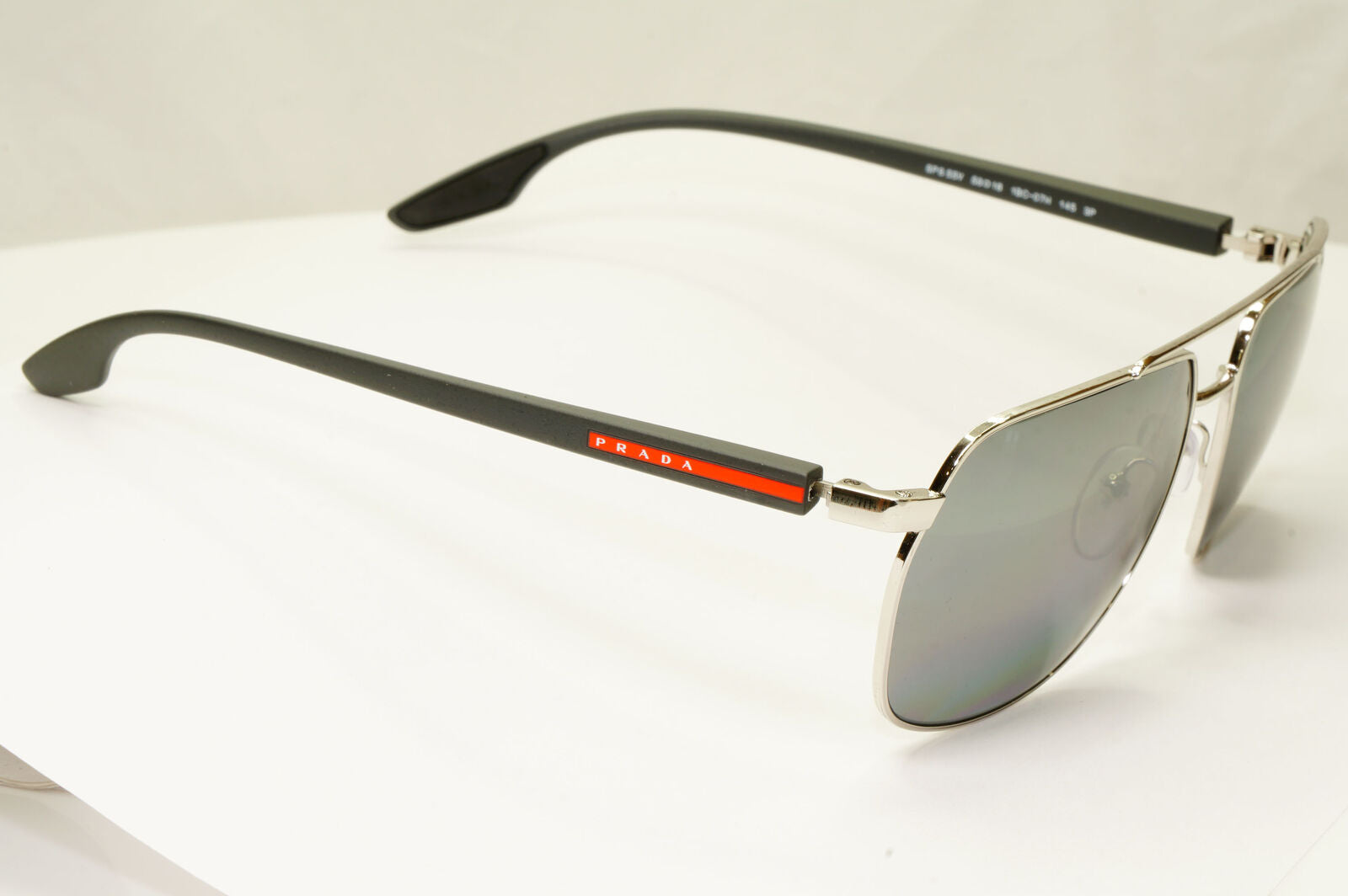 Prada Silver Black Polarised Sunglasses Pilot Mens Square SPS 55V PS55VS 1BC-07H