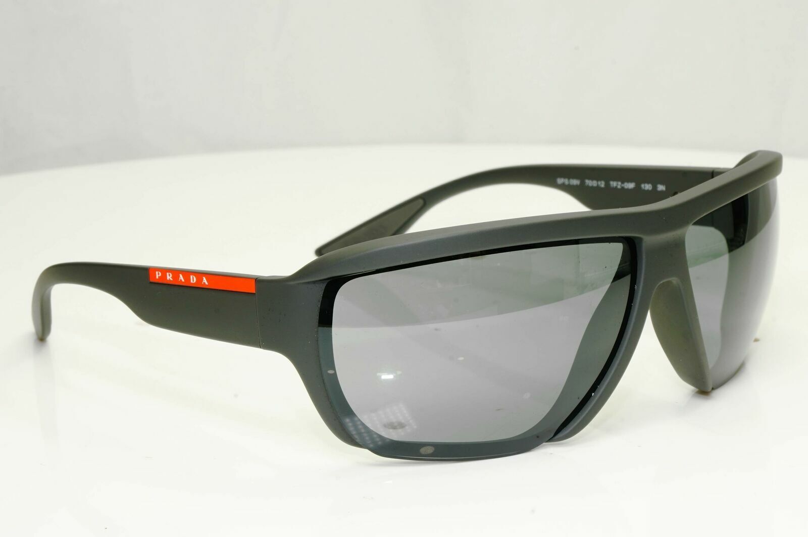 Prada Black Grey Mirror Mens Sunglasses SPS 09V TFZ-09F Red Stripe Rossa Matte