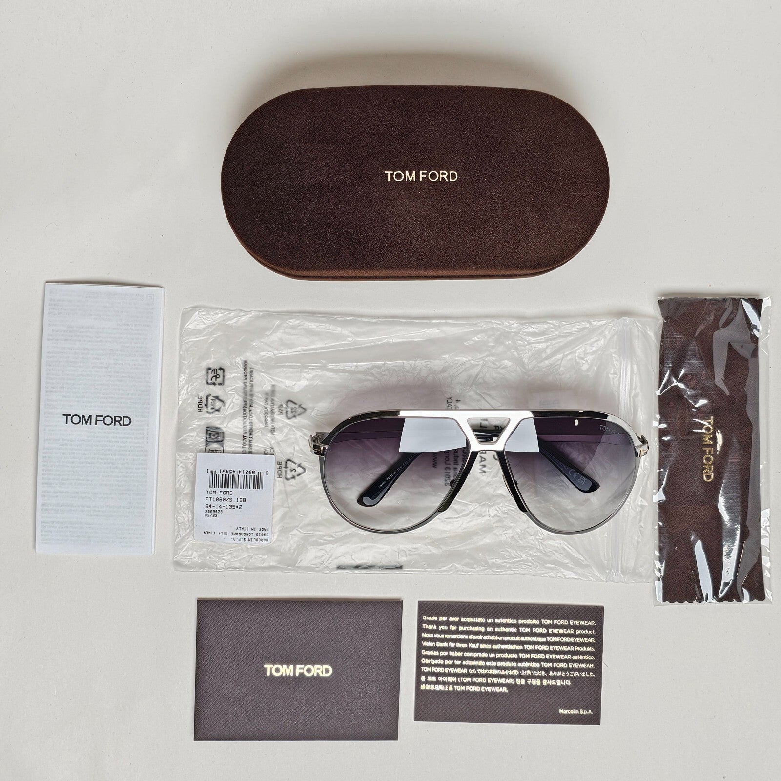 Tom Ford Sunglasses Xavier Silver Grey Gradient Large Pilot Metal TF 1060 16B A