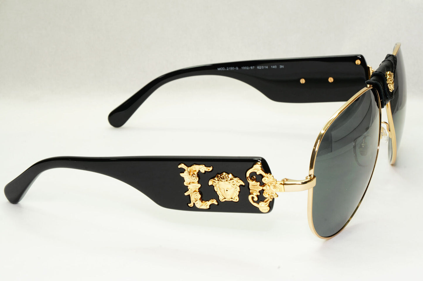 Versace Sunglasses Black Gold Pilot Medusa Leather Ornate MOD VE 2150-Q 1002/87
