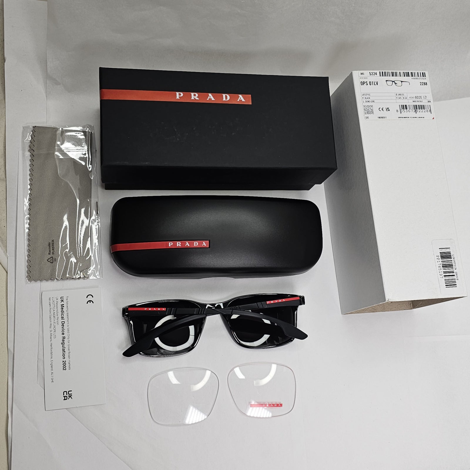 Prada Sunglasses Black Square Glossy Red Stripe PS01LV VPS 01L 1AB-1O1 54mm