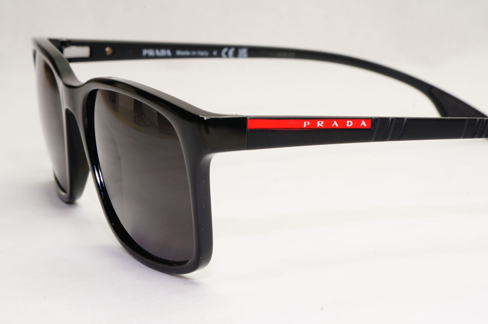 Prada Sunglasses Black Glossy Square Red Stripe PS01LV VPS 01L 1AB-1O1 52mm