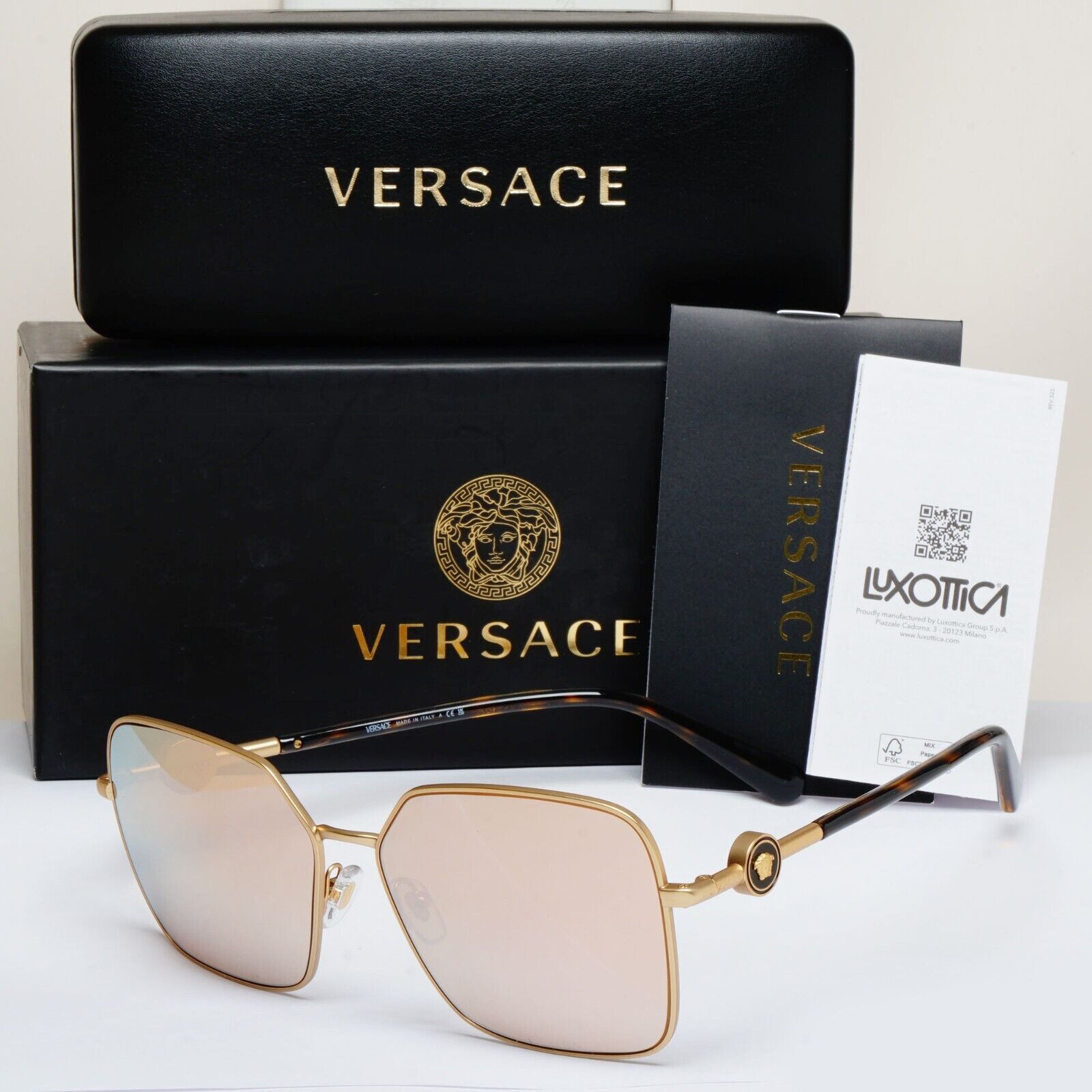 Versace Sunglasses Gold Mirror Brown Square Medusa MOD VE 2227 1410/5A 59mm