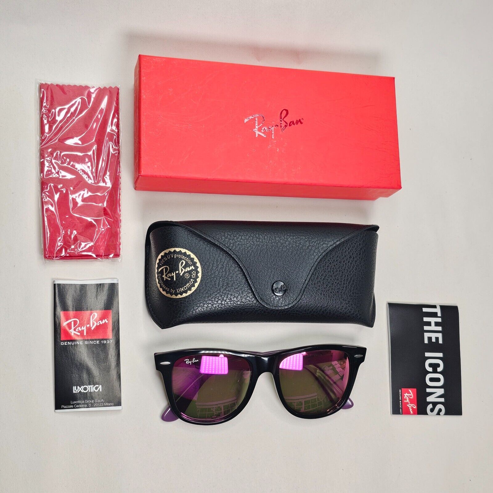 Ray-Ban Sunglasses Wayfarer Black Blue Mirror Violet Fuxia RB 2140 1174/4T 54mm