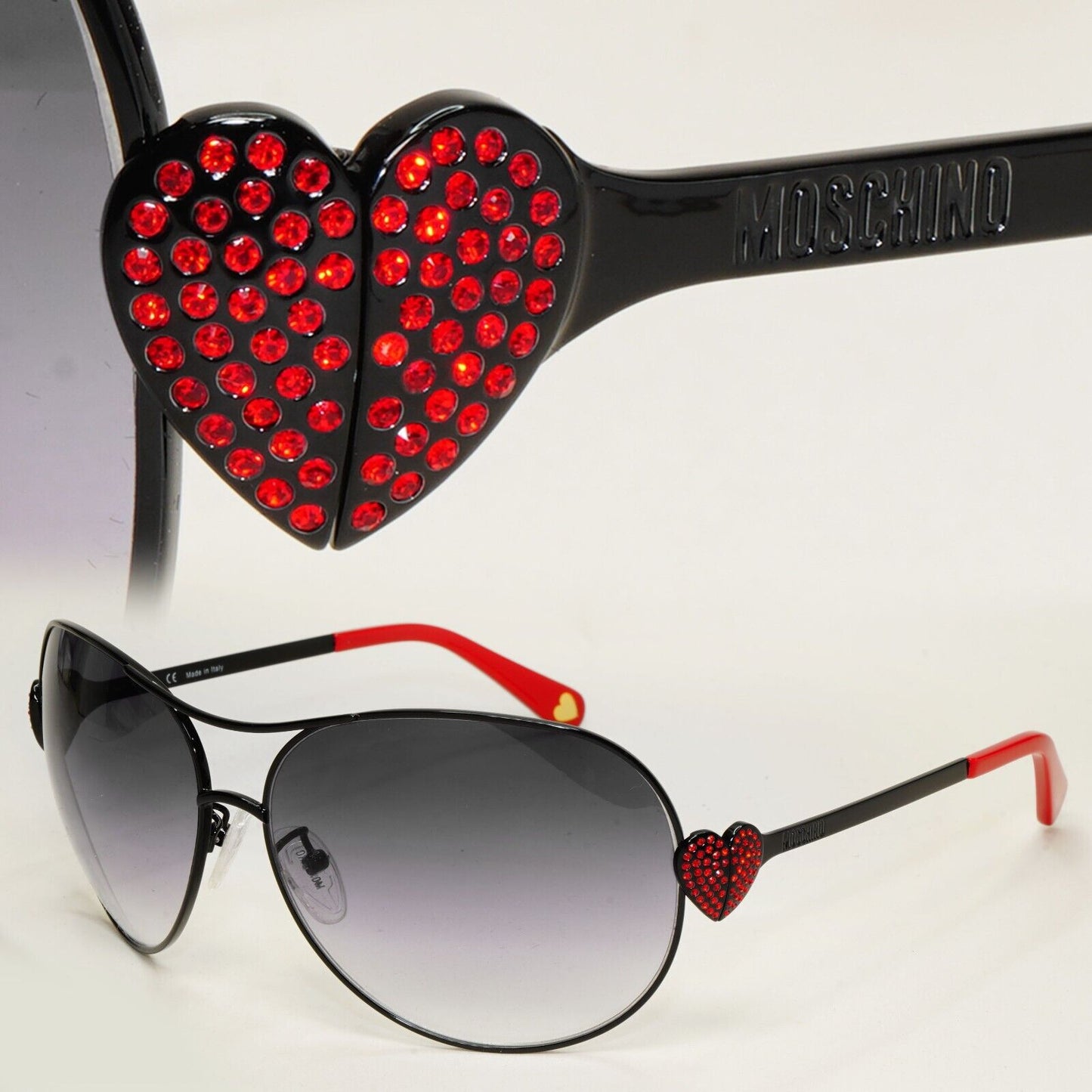 Moschino Sunglasses 2005 Vintage Black Grey Pilot Red Heart MO578 01 101124