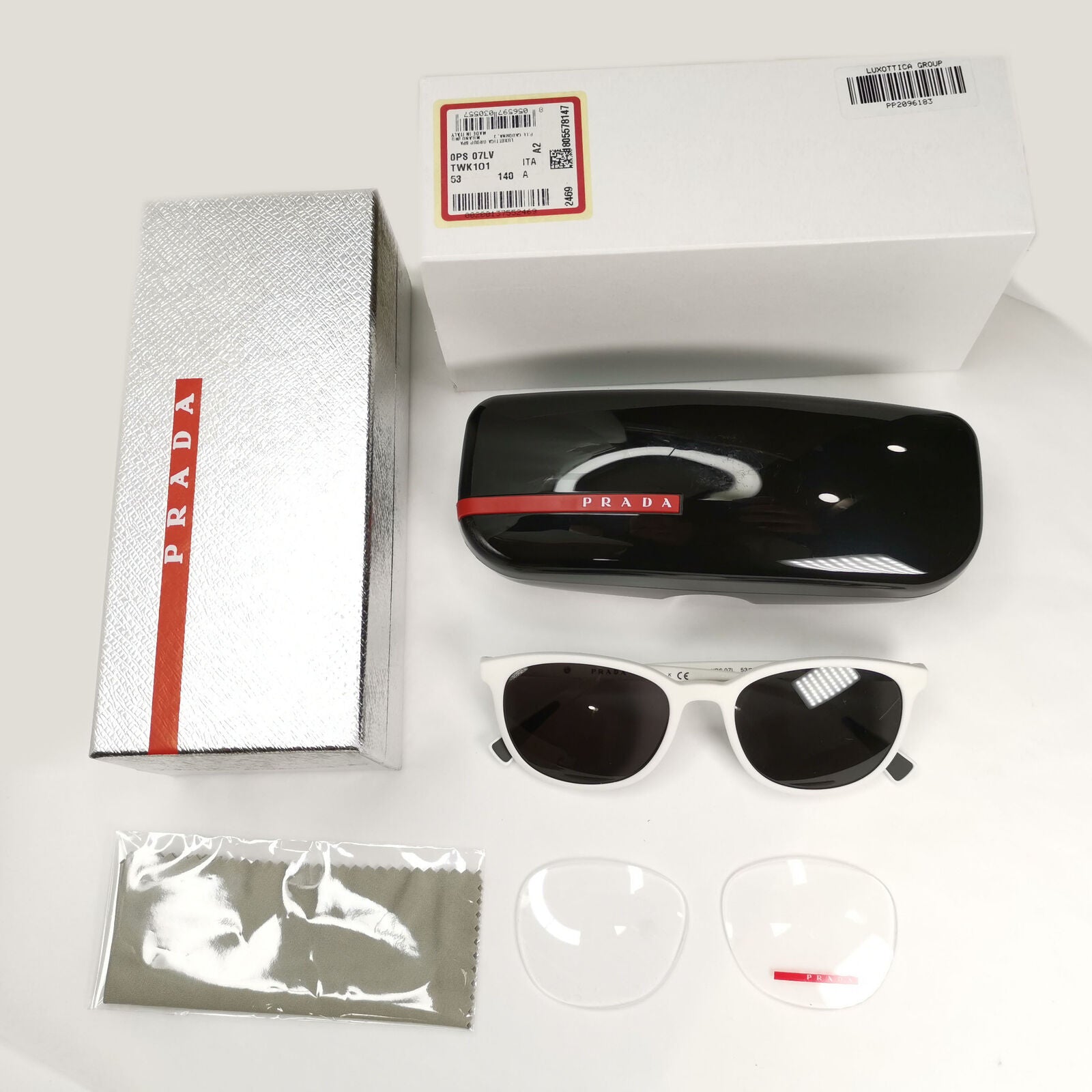 Prada Sunglasses White Black Square Red Stripe PS07LV VPS 07L TWK-1O1 53mm
