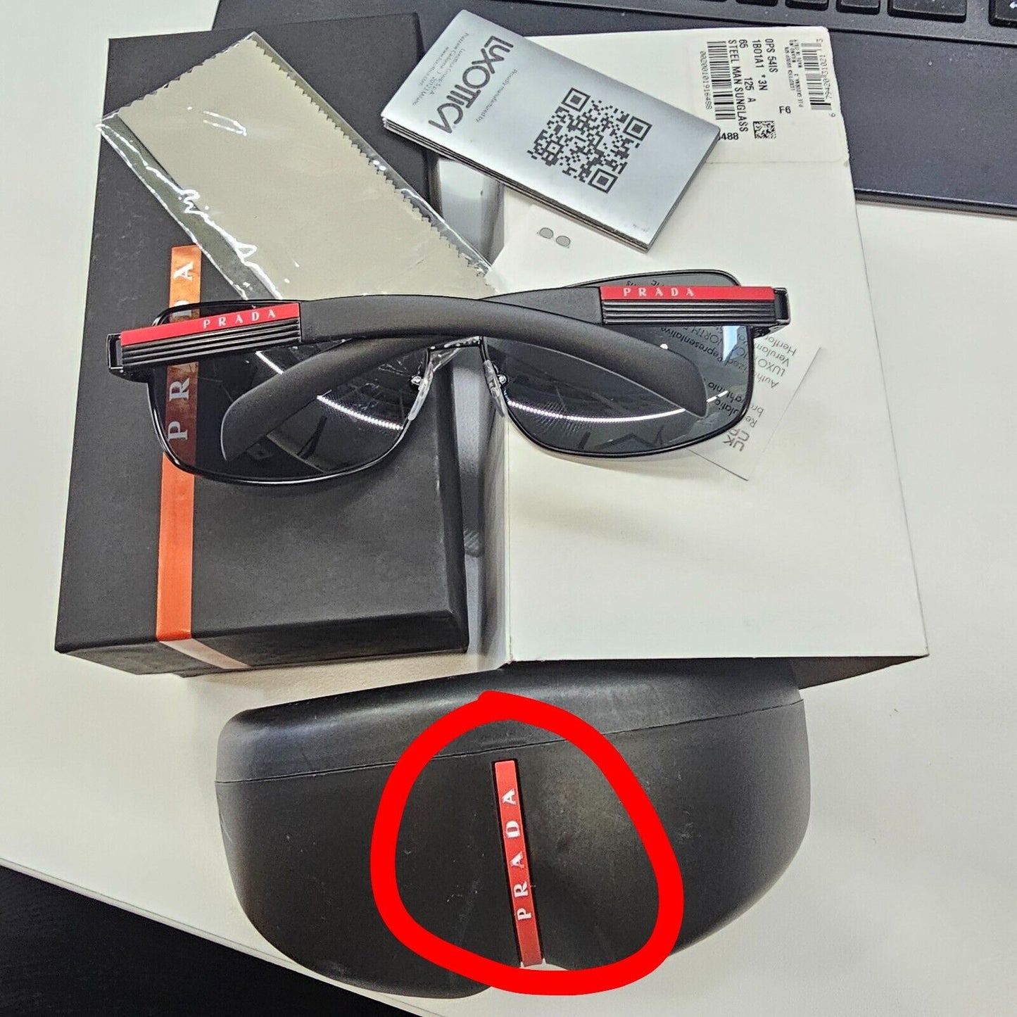 Prada Sunglasses Black Square Square Metal Sport Red Stripe SPS 54I 1BO-1A1 [D]