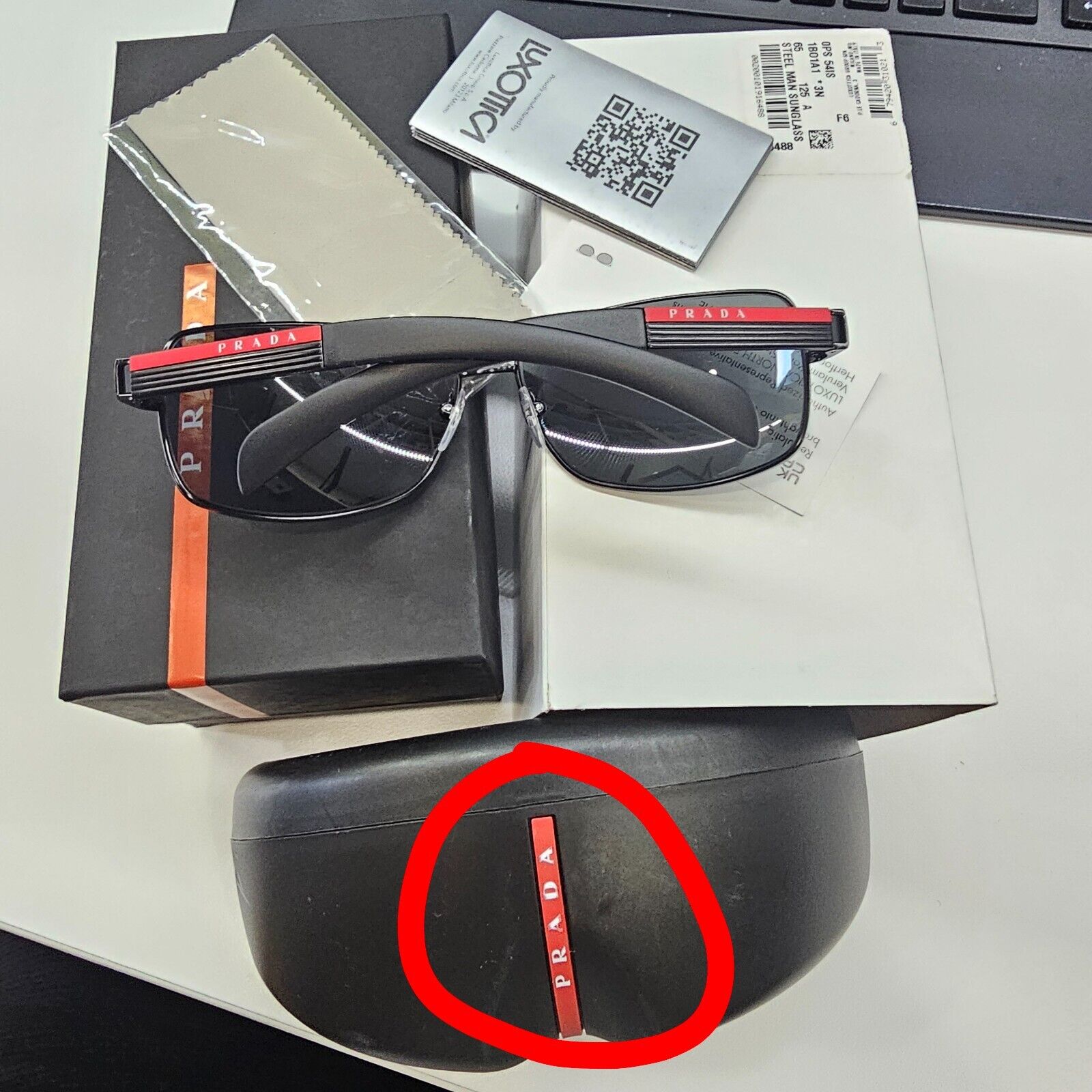 Prada Sunglasses Black Square Square Metal Sport Red Stripe SPS 54I 1BO-1A1 [D]