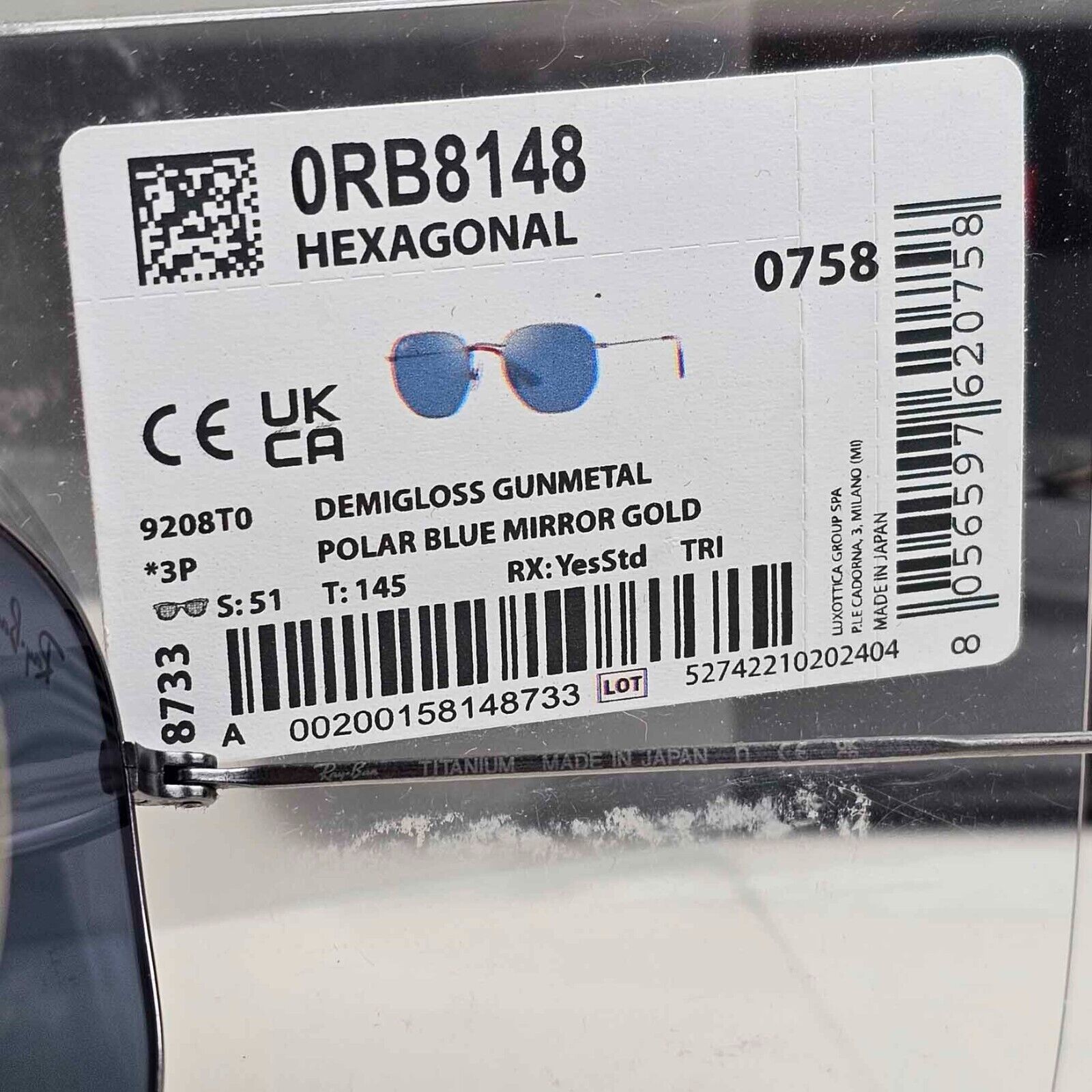 Ray-Ban Sunglasses Hexagonal Titanium Polarised Grey Blue RB 8148 9208/T0 51mm