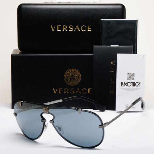 Versace Sunglasses Pilot Shield Gunmetal Grey Mirror MOD VE 2243 1001/6G