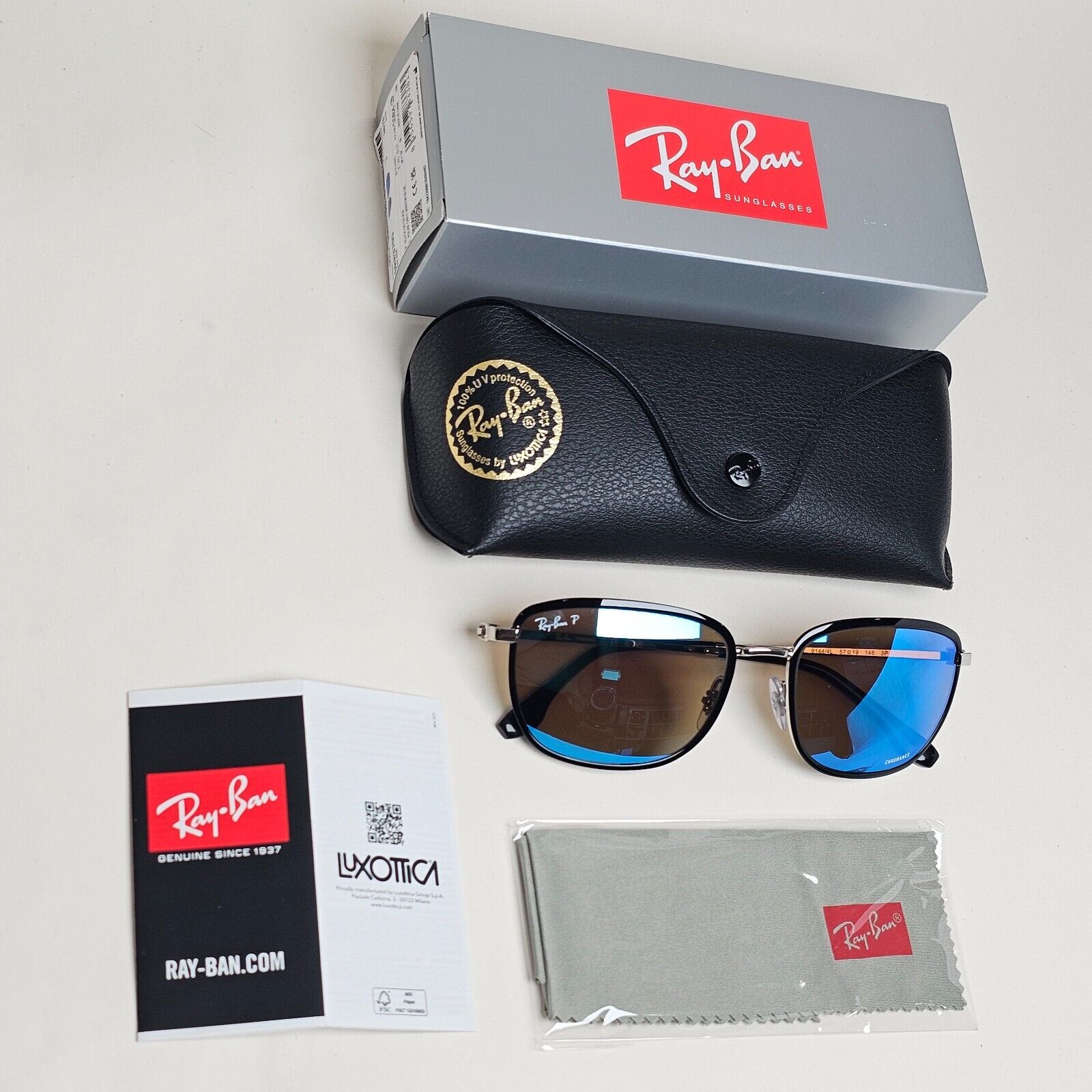 Ray-Ban Sunglasses Chromance Blue Mirror Polarized Black RB 3705 9144/4L 57mm