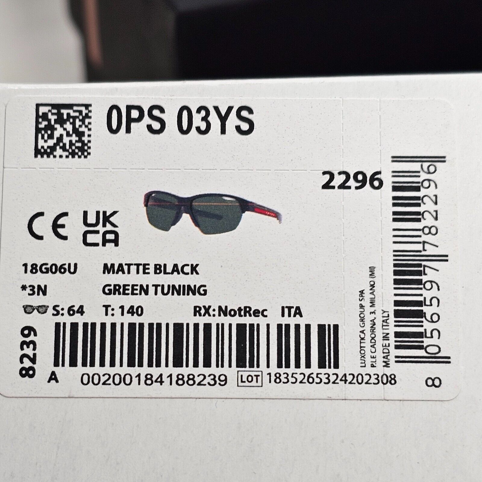 Prada Sunglasses Black Matte Wrap Red Stripe Green Tuning PS03YS SPS 03Y 18G-06U