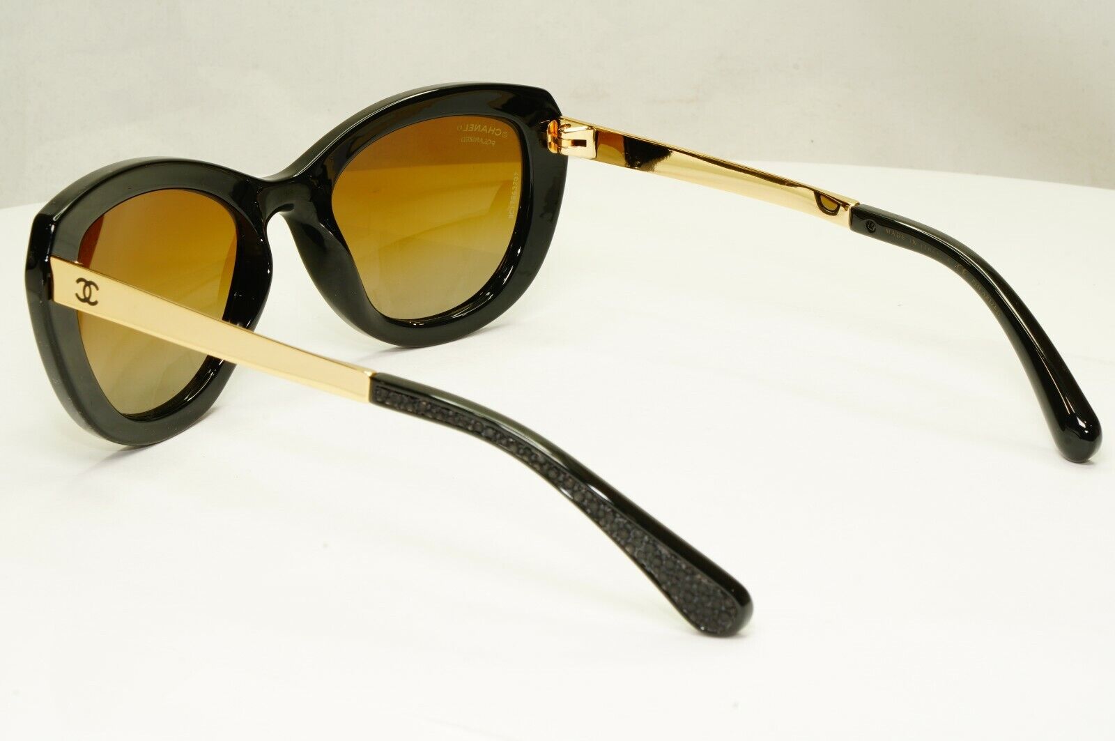 Chanel Stingray Leather Sunglasses Polarized Black Gold Brown 6046-Q 622/S9