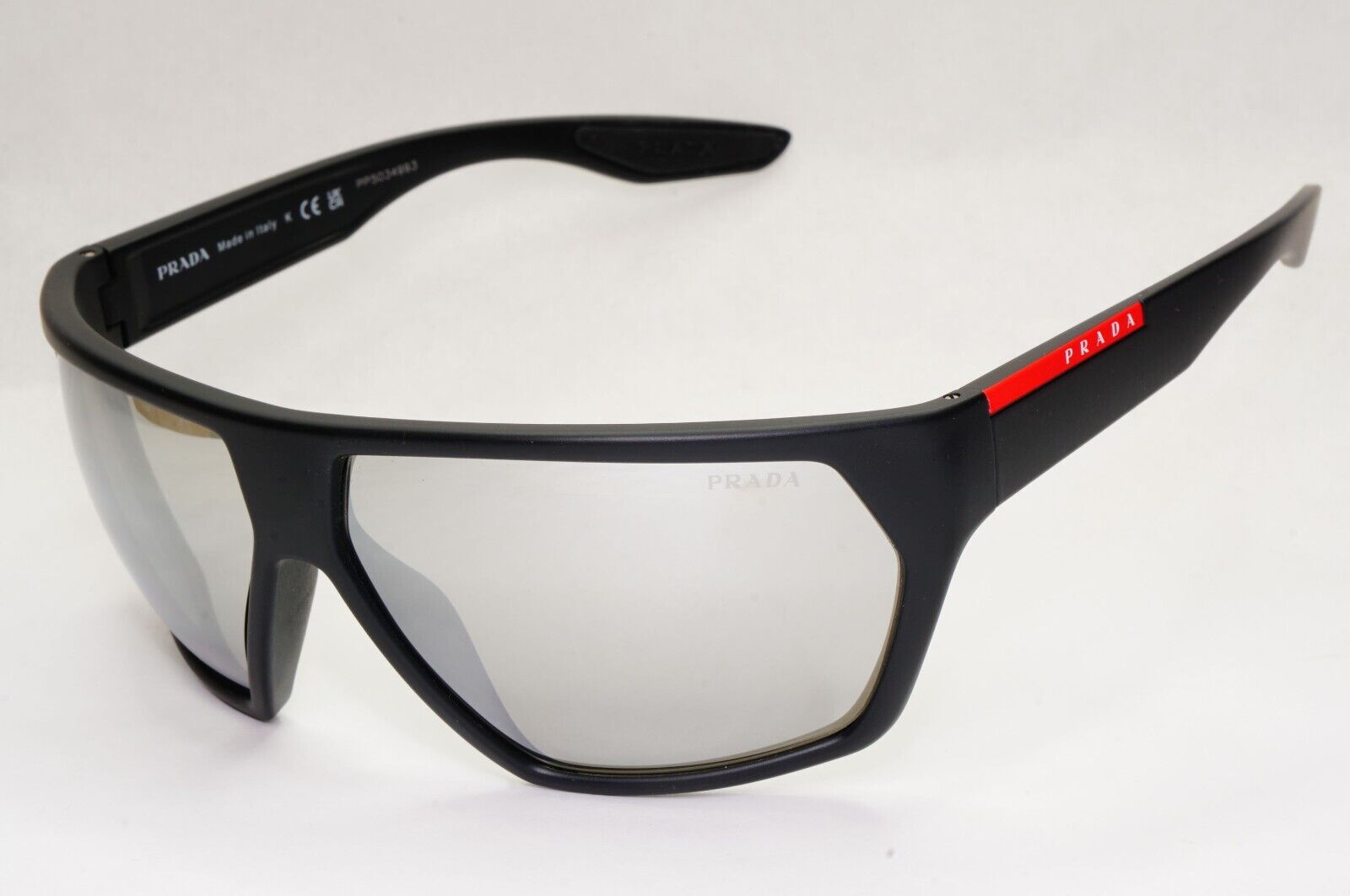 Prada Sunglasses Black Silver Mirror Rubber Wrap PS08US SPS 08U DG0-2B0