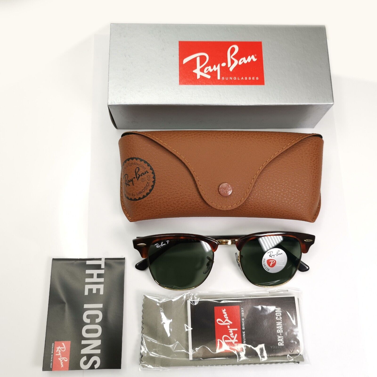 Ray-Ban Sunglasses Clubmaster Polarised Brown Tortoise Green RB 3016 990/58 49mm