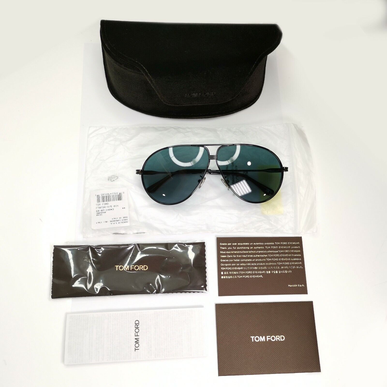 Tom Ford Black Sunglasses Pilot Green Metal Large 64mm Fashion Jet TF 734-H 01N 