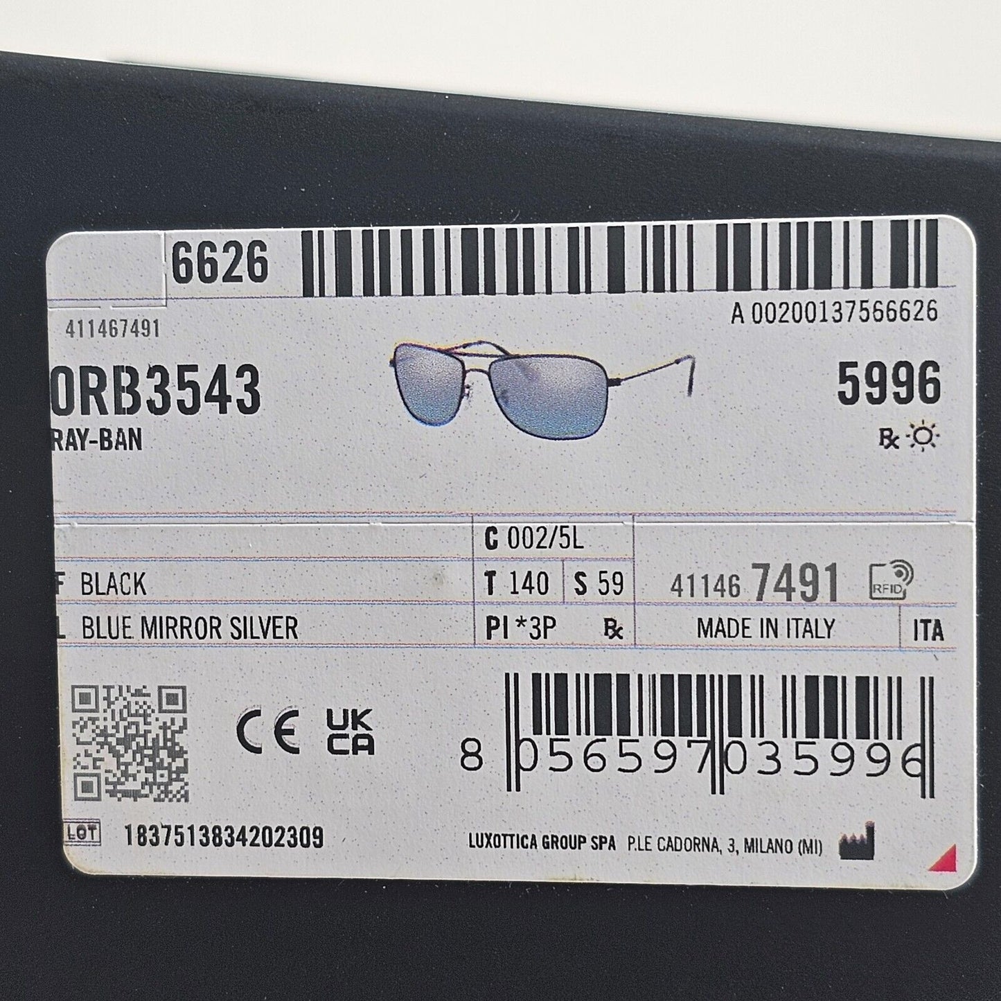 Ray-Ban Sunglasses Polarized Black Silver Chromance Mirror RB 3543 002/5L 59mm