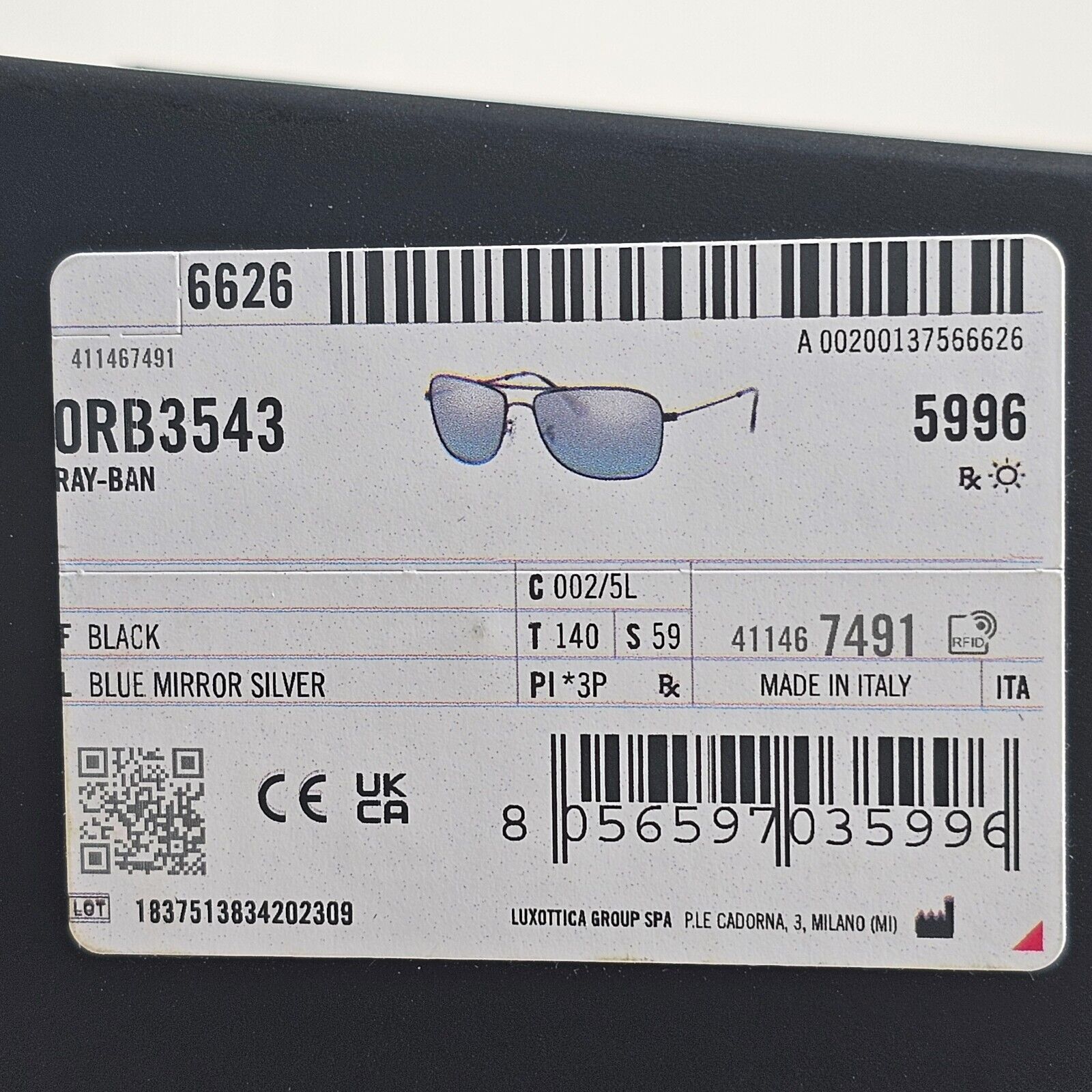 Ray-Ban Sunglasses Polarized Black Silver Chromance Mirror RB 3543 002/5L 59mm