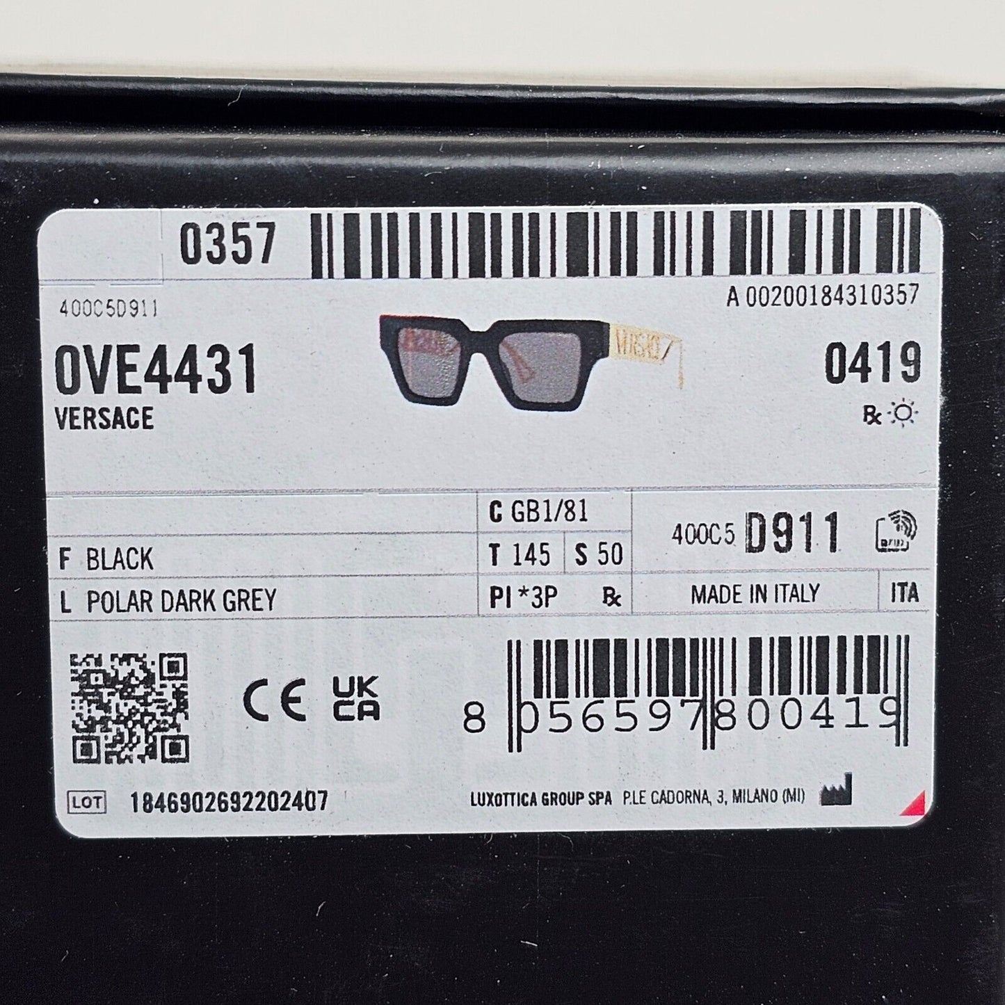 Versace Sunglasses Polarized Black Gold Square Grey MOD VE 4431 GB1/81 50mm