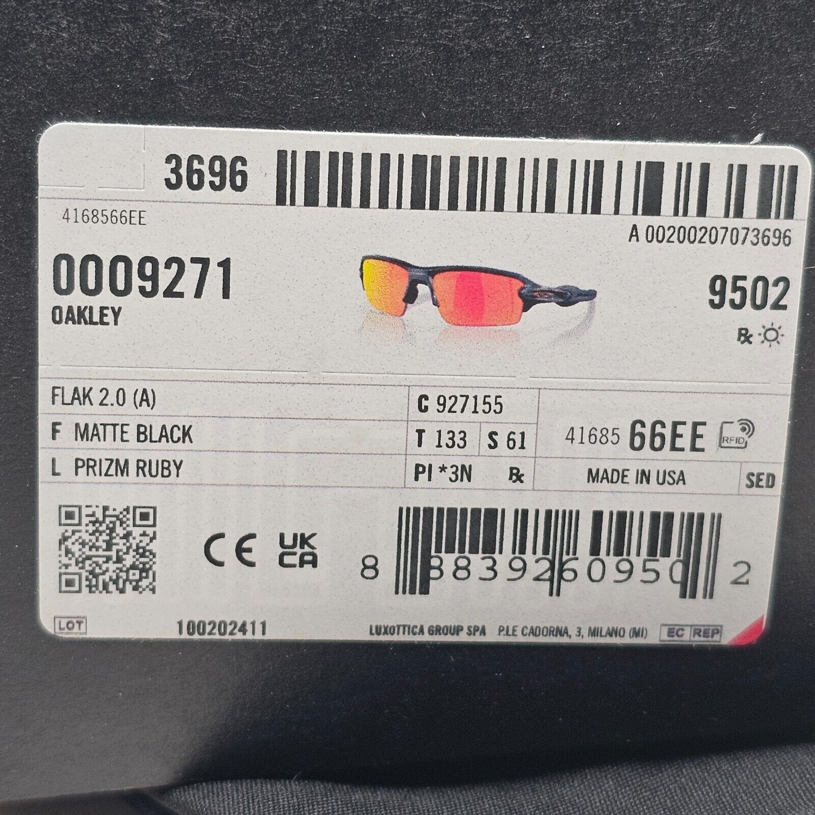 Oakley Sunglasses Flak 2.0 (A) Matte Black Prizm Ruby  OO 9271 55