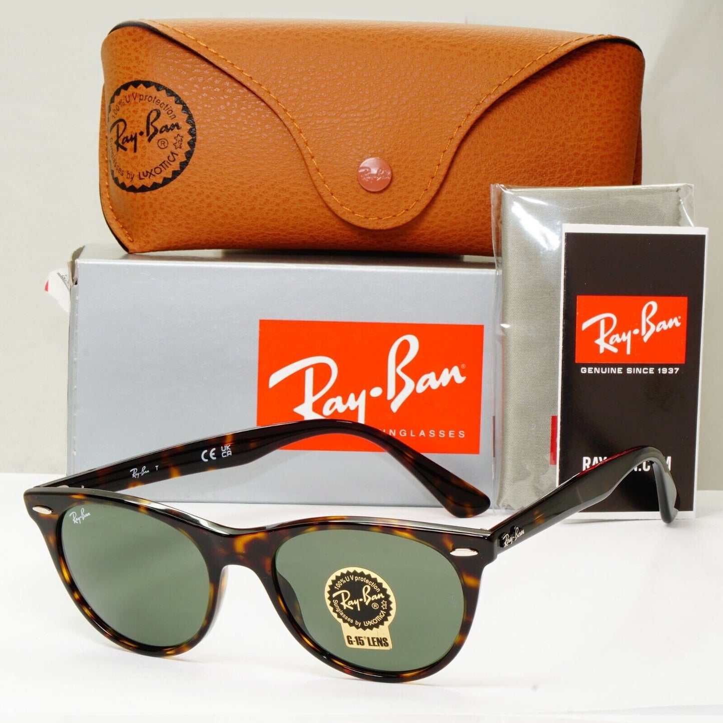 Ray-Ban Sunglasses Wayfarer II Brown Tortoiseshell G15 Green RB 2185 902/31 52mm