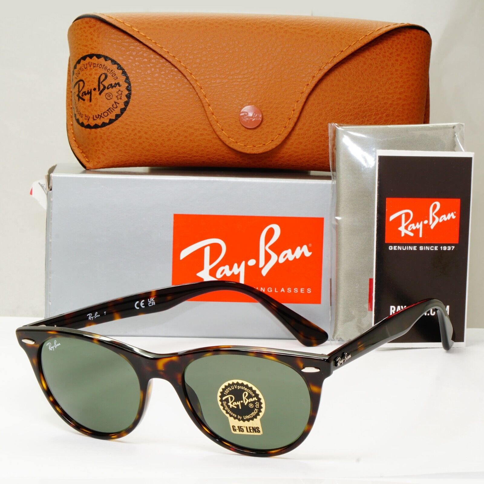 Ray-Ban Sunglasses Wayfarer II Brown Tortoiseshell G15 Green RB 2185 902/31 52mm