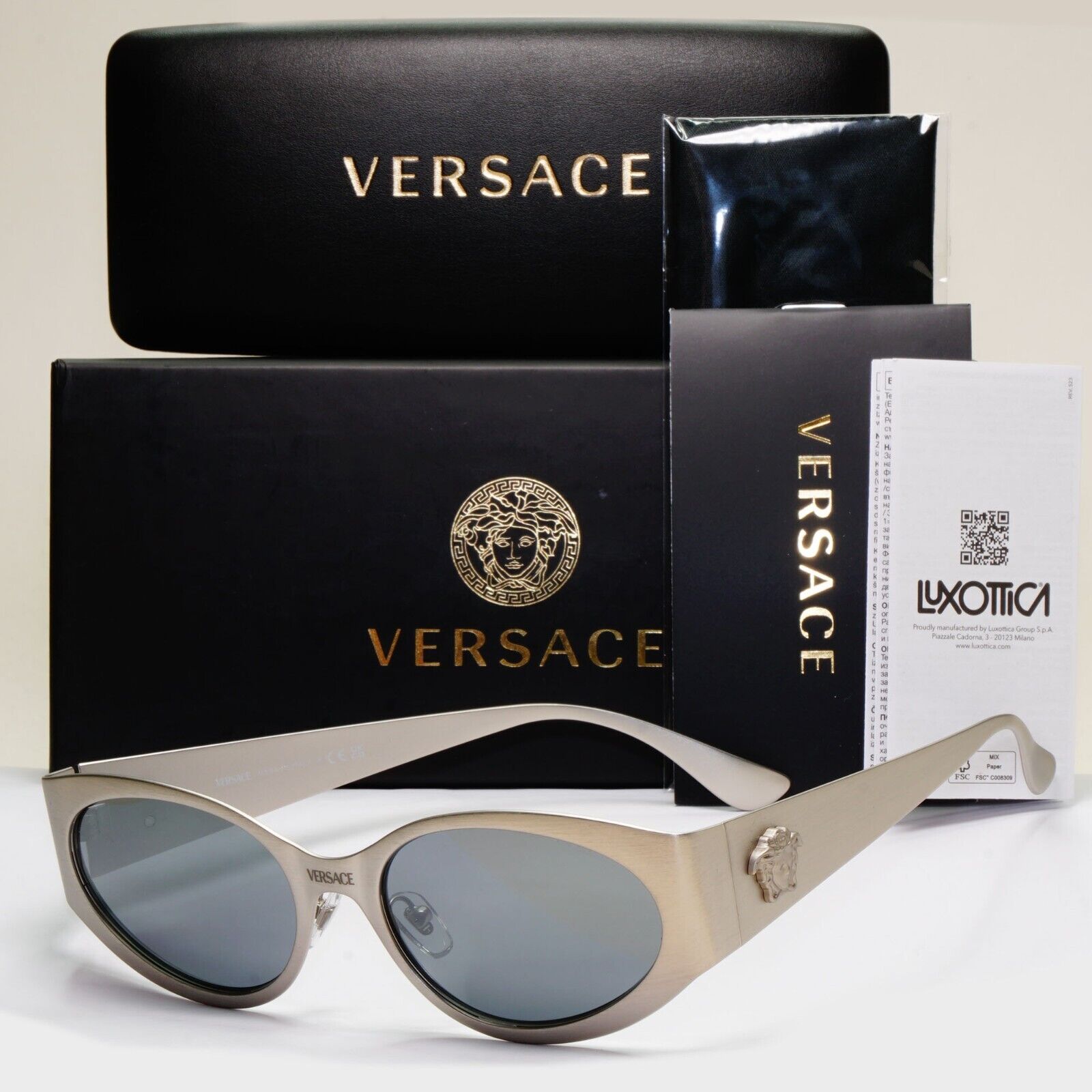 Versace Sunglasses Brushed Silver Medusa Grey Silver Mirror MOD VE 2263 1266/6G