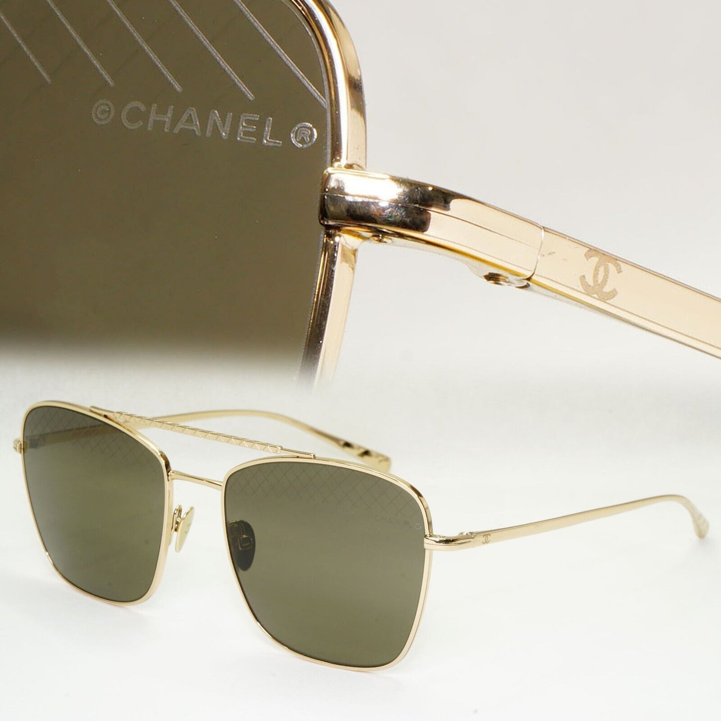 Chanel Sunglasses Gold Square Grey Dull Green Metal Frame 4256 C.395/3 041223