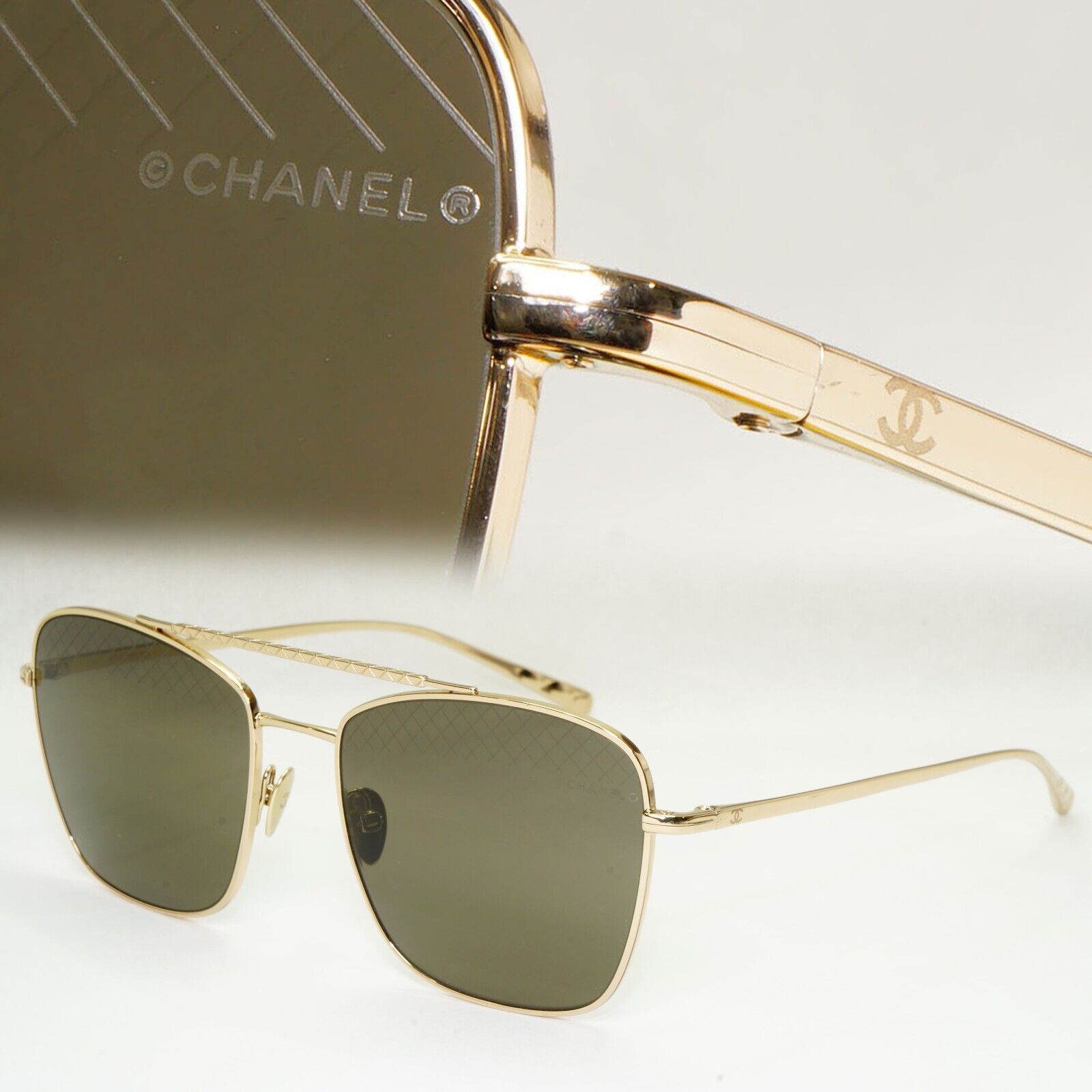 Chanel Sunglasses Gold Square Grey Dull Green Metal Frame 4256 C.395/3 041223