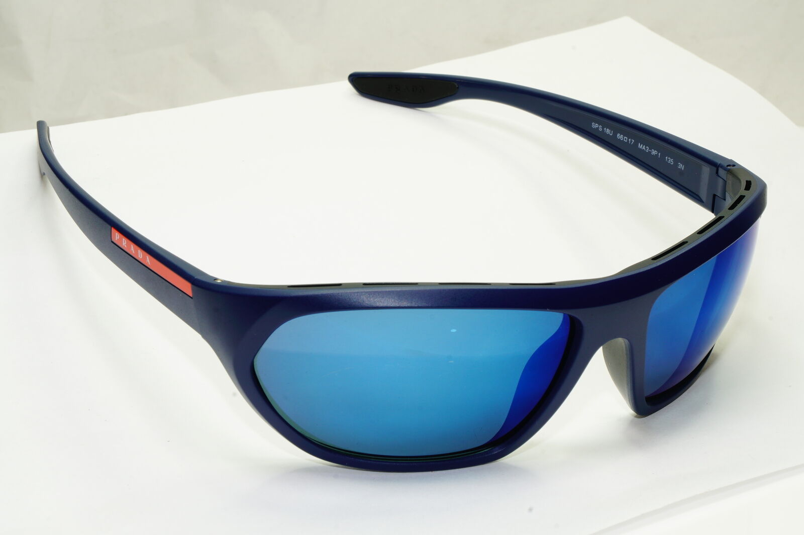 Authentic Prada Mens Blue Navy Mirrored Sunglasses Wrap SPS 18U MA3-9P1
