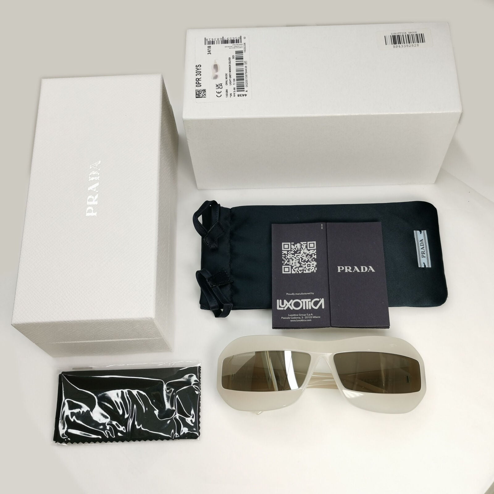 Prada Sunglasses Opal Nude White Silver Mirror Wrap PR30YS SPR 30Y 13D-2B0