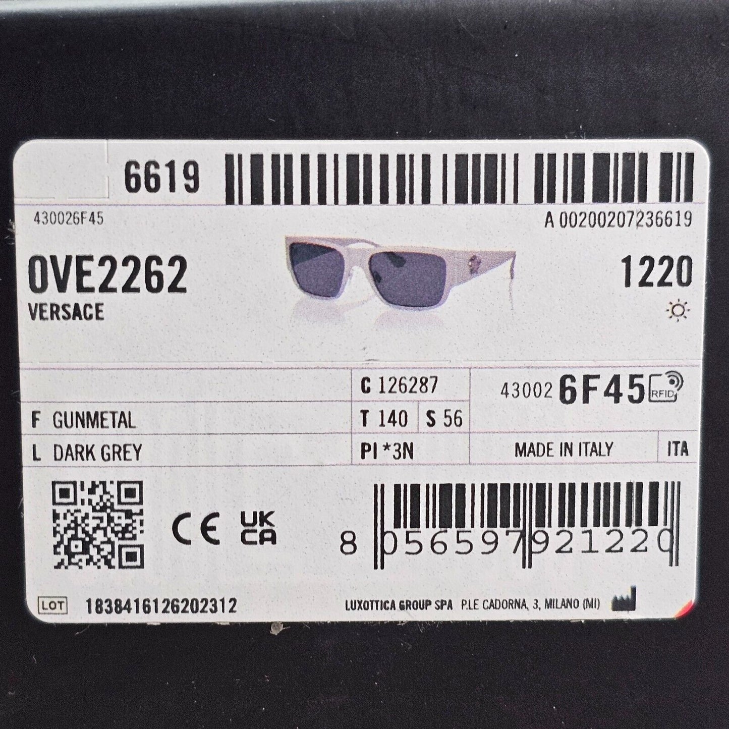 Versace Sunglasses Gunmetal Medusa Dark Silver Brushed Matte MOD VE 2262 1262/87