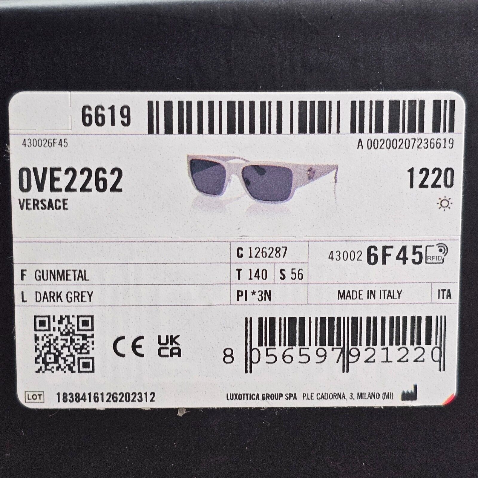 Versace Sunglasses Gunmetal Medusa Dark Silver Brushed Matte MOD VE 2262 1262/87