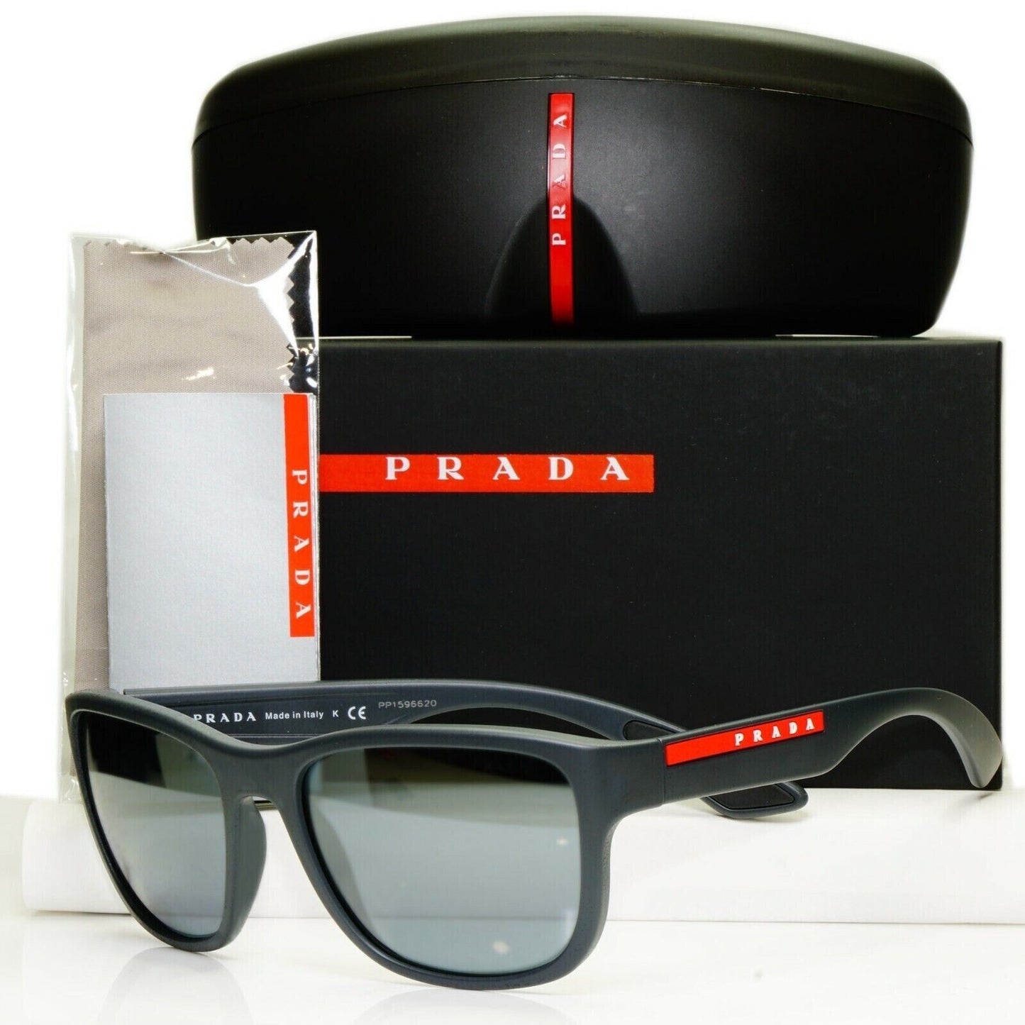 Prada Mens Grey Sunglasses Square Mirror SPS 01U UFK-5L0 Red Stripe [a] 38973