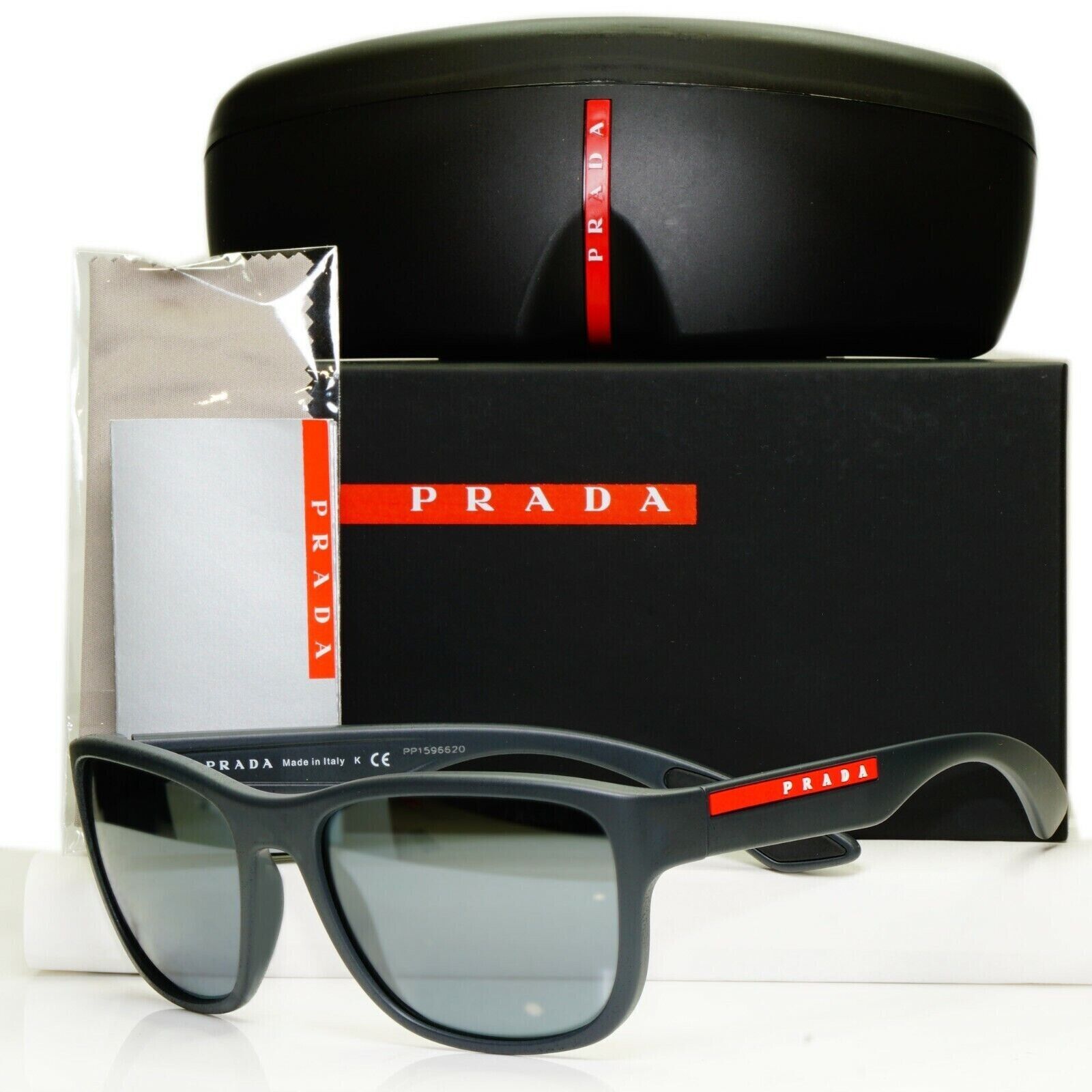 Prada Mens Grey Sunglasses Square Mirror SPS 01U UFK-5L0 Red Stripe [a] 38973
