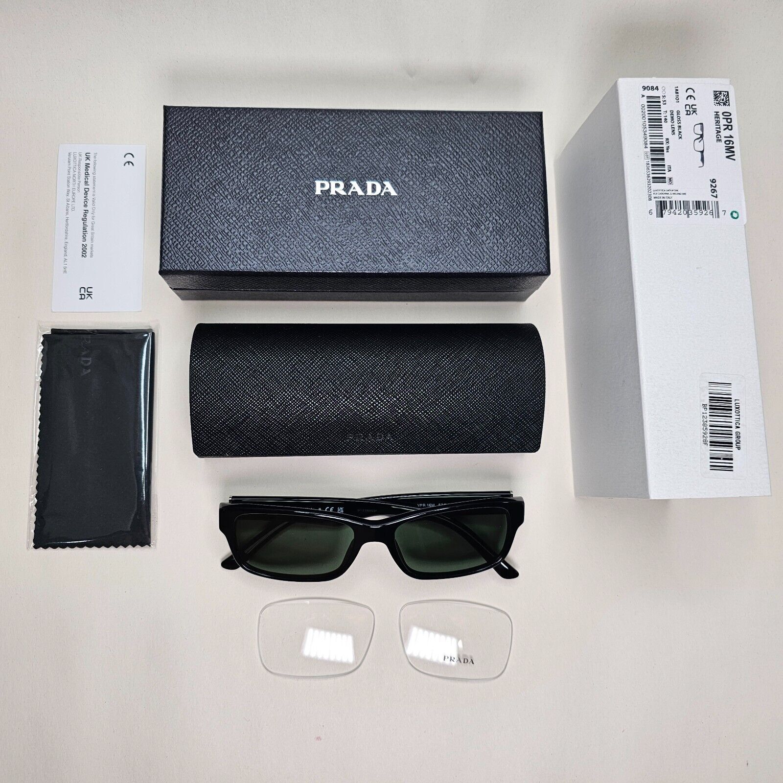 Prada Sunglasses Black Green Glossy Rectangle Square PR16MV VPR 16M 1AB-1O1 53mm