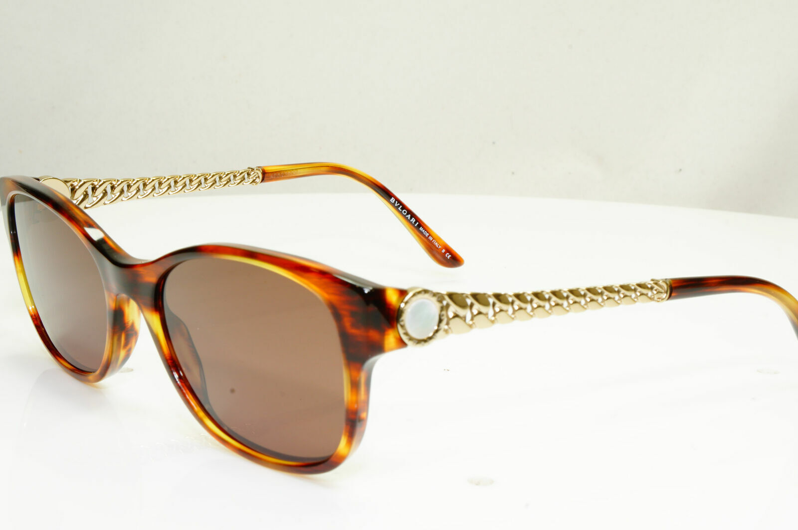 Bvlgari Gold Pearl Sunglasses Brown Rectangle Chain Womens 4081 816 30416