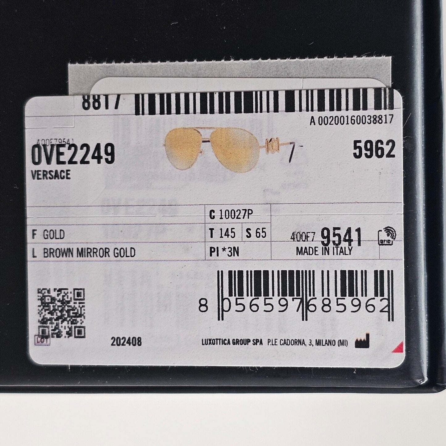 Versace Sunglasses Gold Mirror Large Metal Pilot MOD VE 2249 1002/7P 65mm