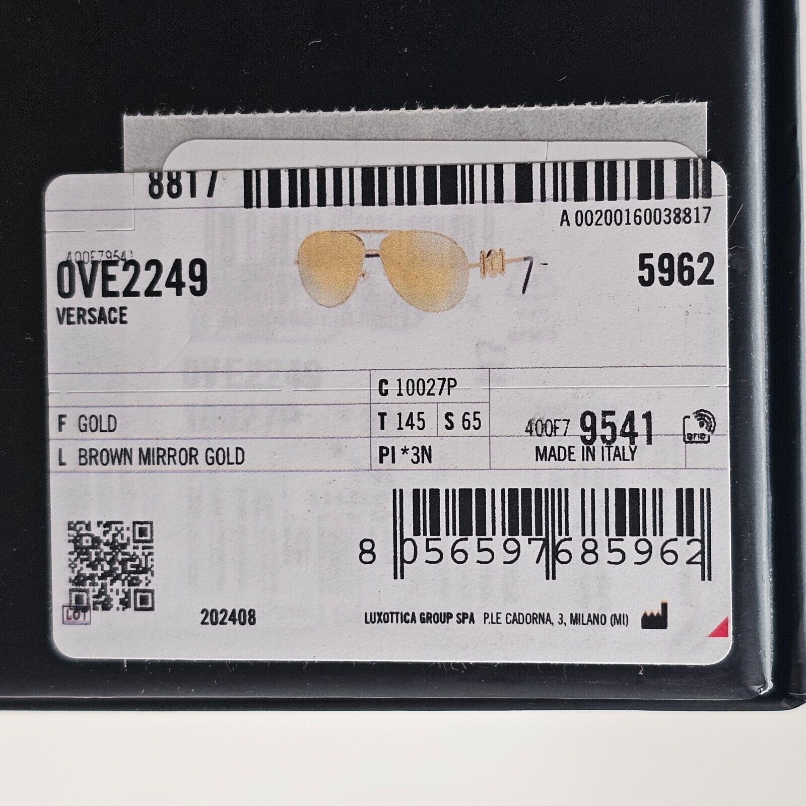 Versace Sunglasses Gold Mirror Large Metal Pilot MOD VE 2249 1002/7P 65mm