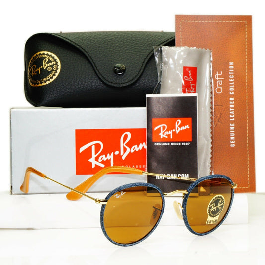Ray-Ban Round Gold Sunglasses Blue Brown Craft Denim RB 3475-Q 9192/33 30674
