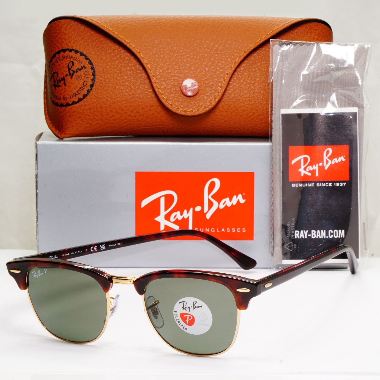 Ray-Ban Sunglasses Clubmaster Polarised Brown Tortoise Green RB 3016 990/58 49mm