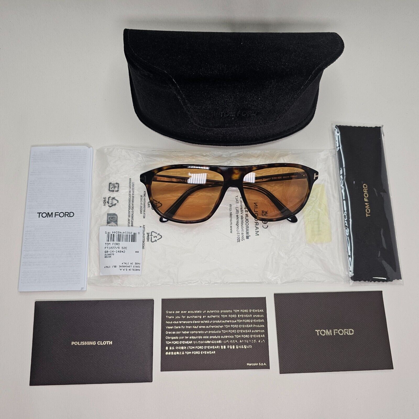Tom Ford Sunglasses Prescott Brown Tortoiseshell Square FT1027 TF 1027 52E